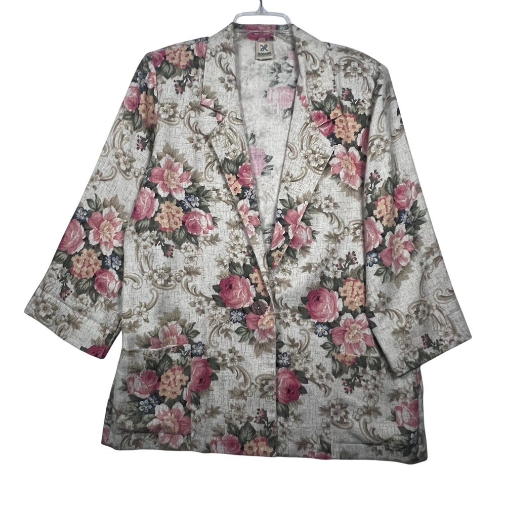 Vintage 80s Haband Floral Blazer Jacket LG 3/4 Sleeve Shoulder Pads‎ Pink Roses